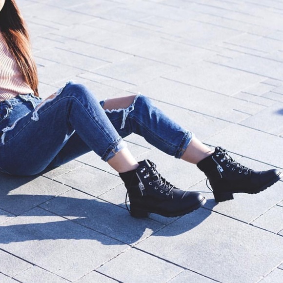 Black Lace Up Knit Collard Combat Moto Boots - Picture 2 of 3